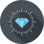 A flat-style icon of a shining blue diamond centered on a dark grey circular background. The diamond is multi-faceted with varying shades of light blue and is surrounded by a white starburst of radiating lines, indicating brilliance or high value.