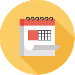 A flat-style icon of a spiral-bound calendar on a yellow circular background. The calendar has a red header and a white page with a grid of dates; a red block highlights a specific portion of the grid. The bottom corner of the page is curled upward, suggesting the passage of time or a transition to a new period.