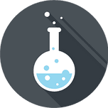 A flat-style icon of a white glass Florence flask centered on a dark grey circular background. The flask contains a light blue liquid with several rising bubbles, representing a chemical reaction or scientific process. The icon includes a subtle long shadow extending to the bottom right.