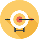 A flat-style icon featuring a circular archery target on a dark stand, set against a yellow background. The target has white and pale yellow rings with a red bullseye. A single black arrow with red fletching has pierced the center of the bullseye, with the tip of the arrow emerging from the left side.